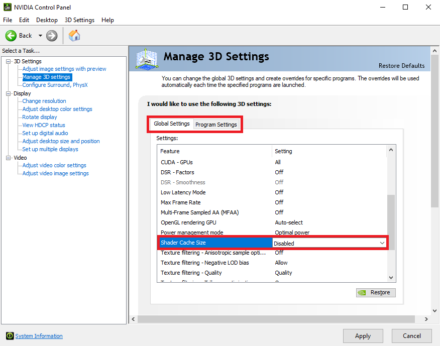 Figure 4: Turning off Shader Cache in the NVIDIA Control Panel.