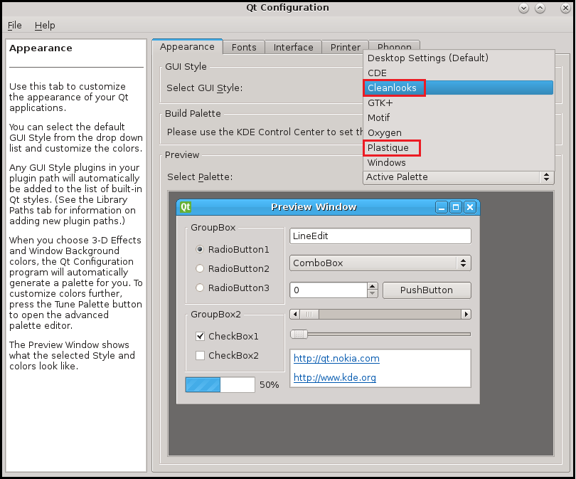Figure 2: The Qt Configuration > Appearance tab on a Linux system.